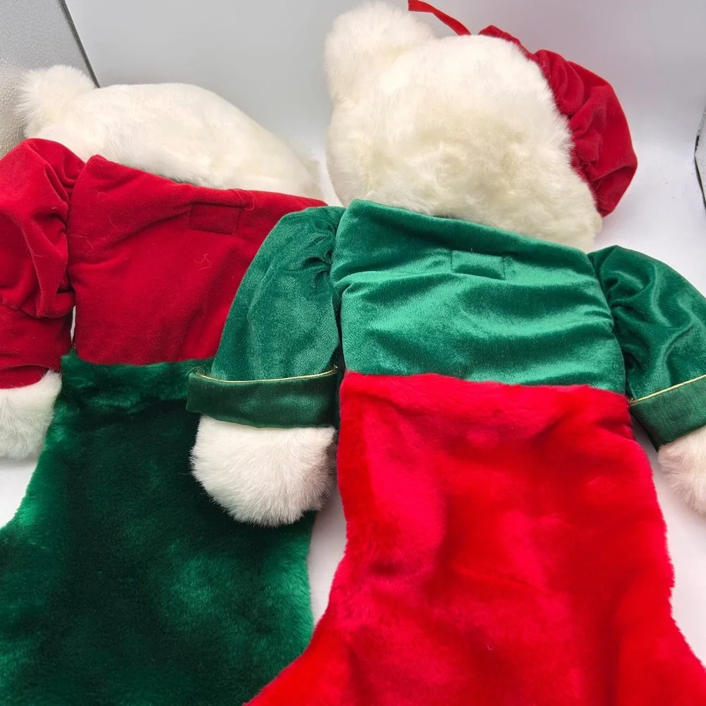 Vintage TB Toy Trading Christmas Bear Stockings Set of 2 Red Green Velvet Plush